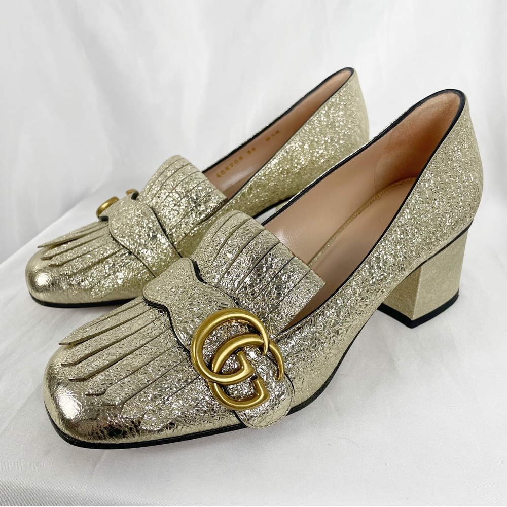 Gucci Marmont Fringe Metallic Leather Loafer Pumps Gold - Picture 3 of 10